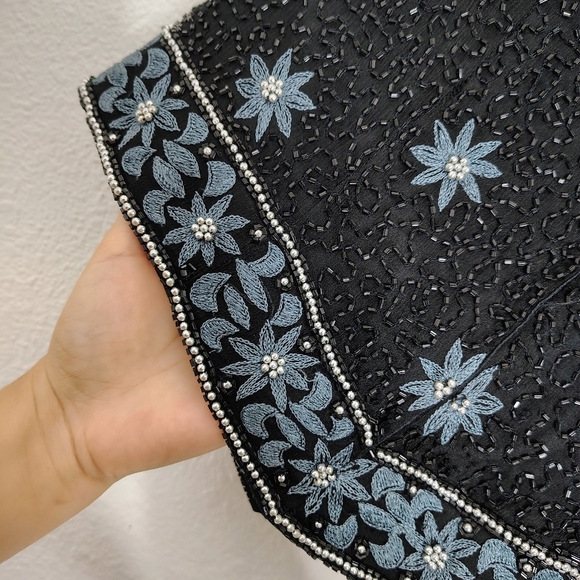 Vintage Papell Boutique Evening Top Womens Small Black Blue Floral Silk Beaded - Picture 12 of 14